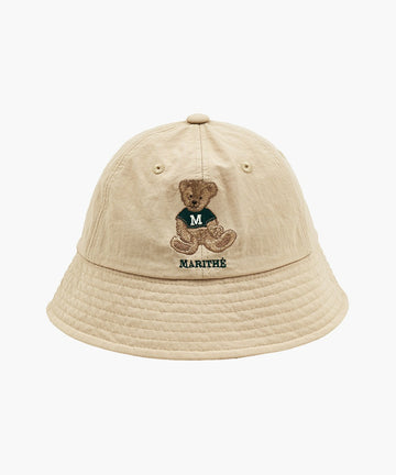 Marithé François Girbaud Enfant Bear Embroidery Round Bucket Hat in Beige