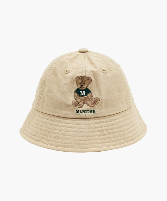 Marithé François Girbaud Enfant Bear Embroidery Round Bucket Hat in Beige