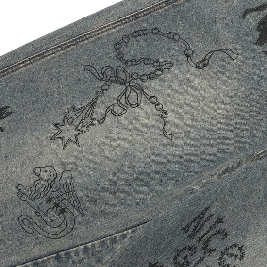 Nice Ghost Club Doodle Graphic Wide Jeans