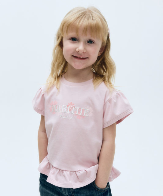 Marithé François Girbaud Kids Gathered Sleeve Peplum Tee Gray Pink