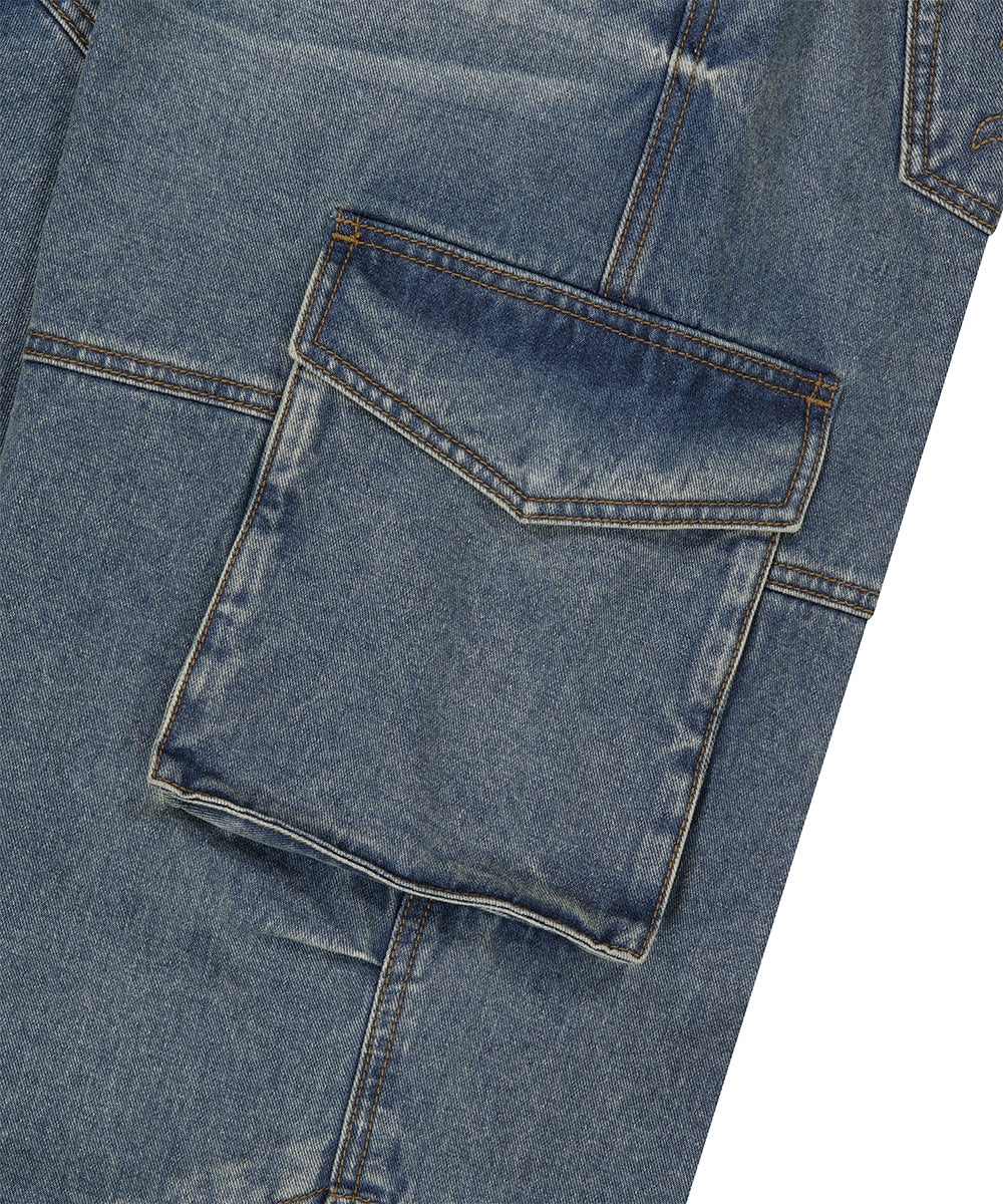 Mahagrid Wide Cargo Denim Pants [Blue]