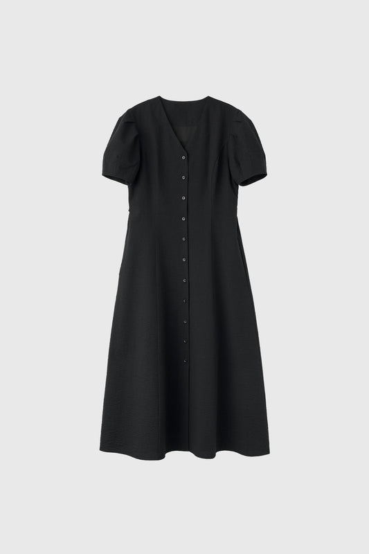 General Idea WOMAN V-Neck Puff Long Dress [BLACK]