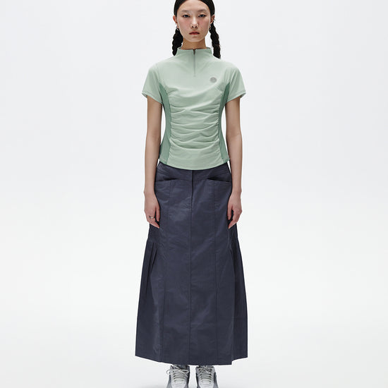 Mahagrid Shirring Half Zip-Up Jersey Tee