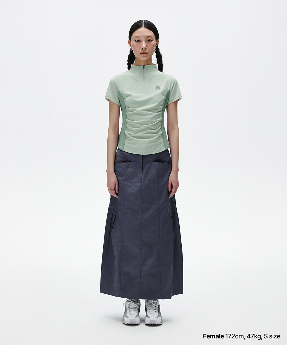 Mahagrid Shirring Half Zip-Up Jersey Tee