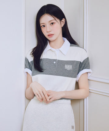 Marithé François Girbaud [S사이즈 1차 7/1, 2차 7/7 예약발송] SMALL CLASSIC LOGO RUGBY STRIPE OVERSIZED COLLAR TEE ivory
