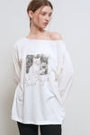 General Idea WOMAN Boat Neck Loose Fit Graphic Long Sleeve T-Shirt [WHITE]