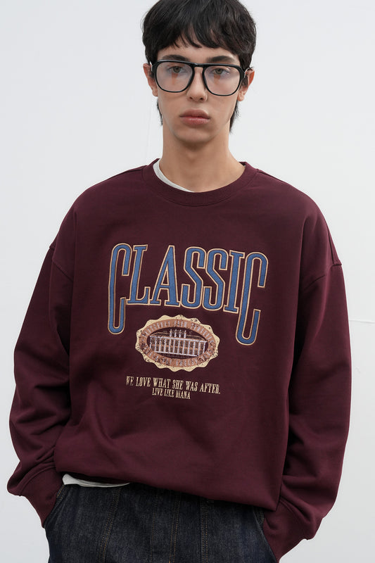 General Idea UNISEX Classic Appliqué Oversized Sweatshirt [BURGUNDY]