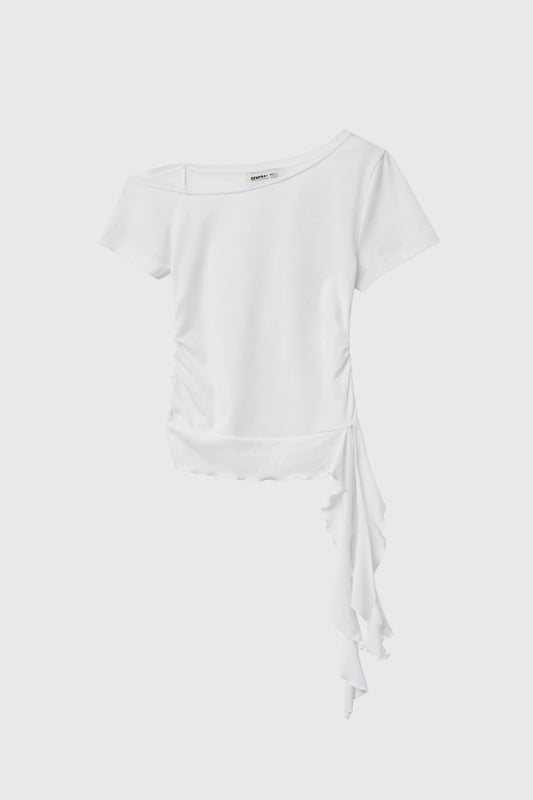 General Idea WOMAN Mesh Trim One-Shoulder T-Shirt [WHITE]
