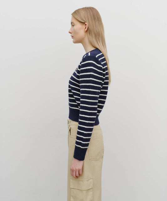 Marithé François Girbaud W CREW NECK STRIPE CROP KNIT PULLOVER NAVY