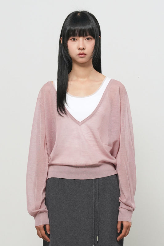 General Idea RUPITA PICK WOMAN DEEP V-NECK SHEER KNIT PULLOVER IN ASH PINK