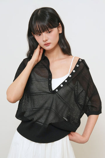 General Idea WOMAN Sheer Net Button Collar Half Knit