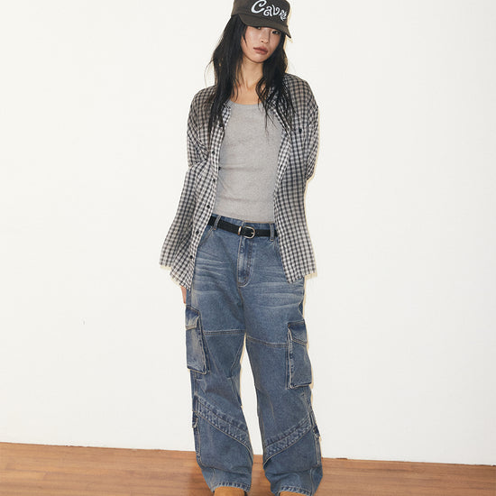 Mahagrid SPRAY DYEING CHECK CROP SHIRT