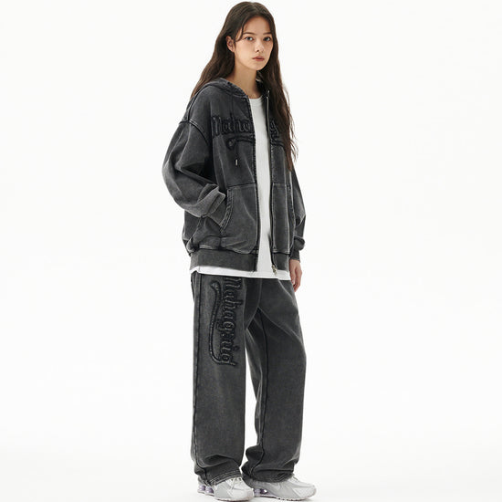 Mahagrid Washed Cut Off Applique Hood Zip Up