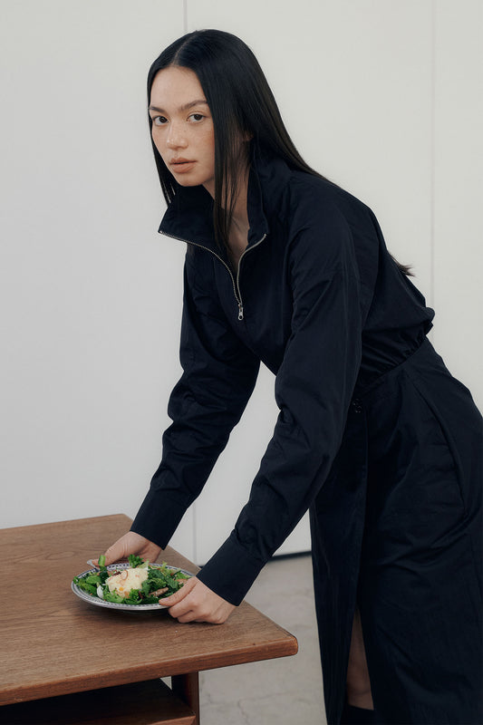 General Idea WOMAN High-Neck Zip-Up Wrap Dress [BLACK]