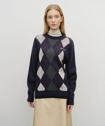 Marithé François Girbaud Argyle Jacquard Knit Pullover Navy