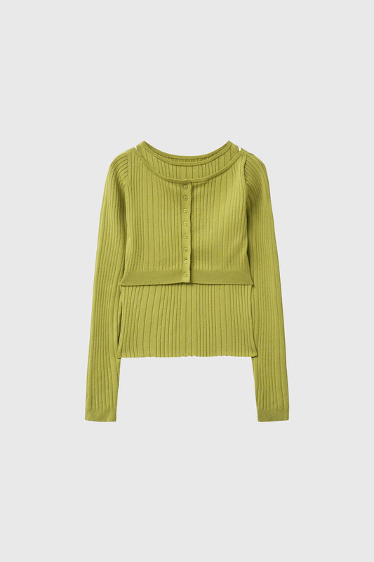 General Idea WOMAN Boat Neck Cardigan Tank Top Set [AVOCADO]