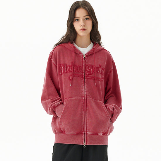 Mahagrid Washed Cut Off Applique Hood Zip Up