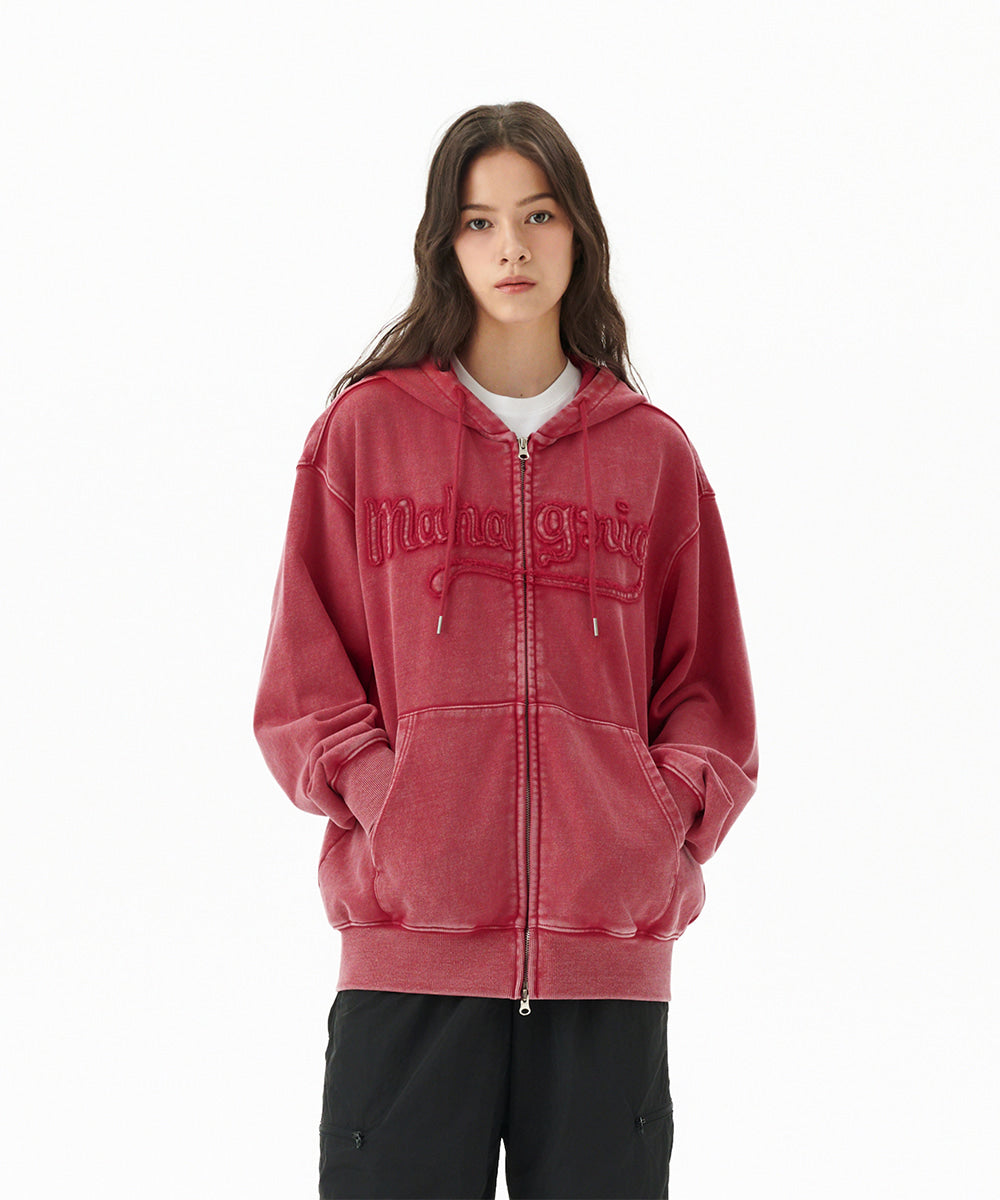 Mahagrid Washed Cut Off Applique Hood Zip Up