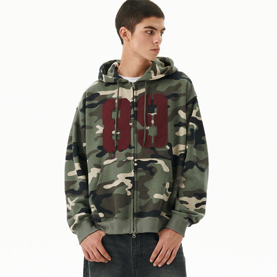 Mahagrid Camo Applique Zip Up Hoodie