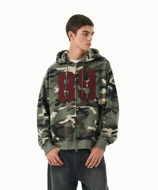 Mahagrid Camo Applique Zip Up Hoodie