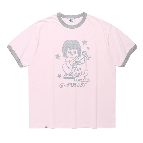 Cavish CAVISH X LELBO Brown Glitter Ringer Short Sleeve T-Shirt [Pink]