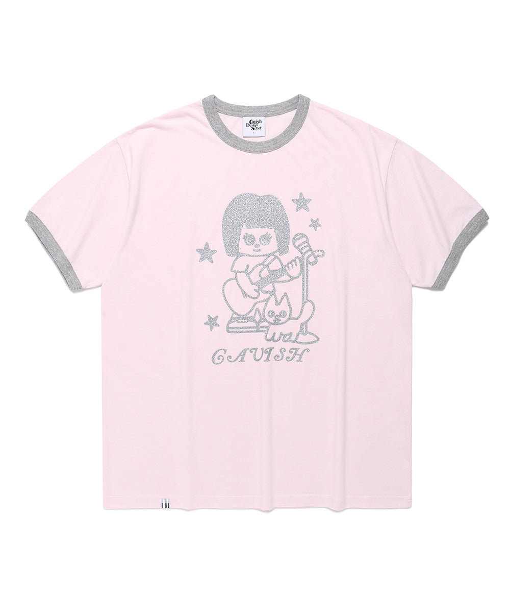 Cavish CAVISH X LELBO Brown Glitter Ringer Short Sleeve T-Shirt [Pink]