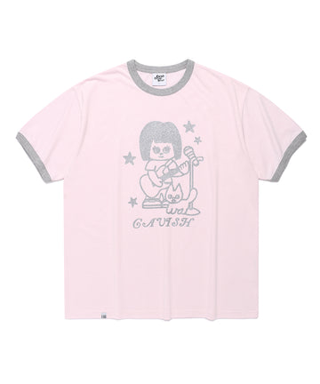 Cavish CAVISH X LELBO Brown Glitter Ringer Short Sleeve T-Shirt [Pink]