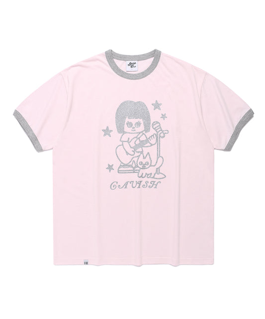 Cavish CAVISH X LELBO Brown Glitter Ringer Short Sleeve T-Shirt [Pink]