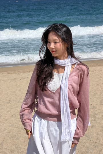 General Idea RUPITA PICK WOMAN DEEP V-NECK SHEER KNIT PULLOVER IN ASH PINK