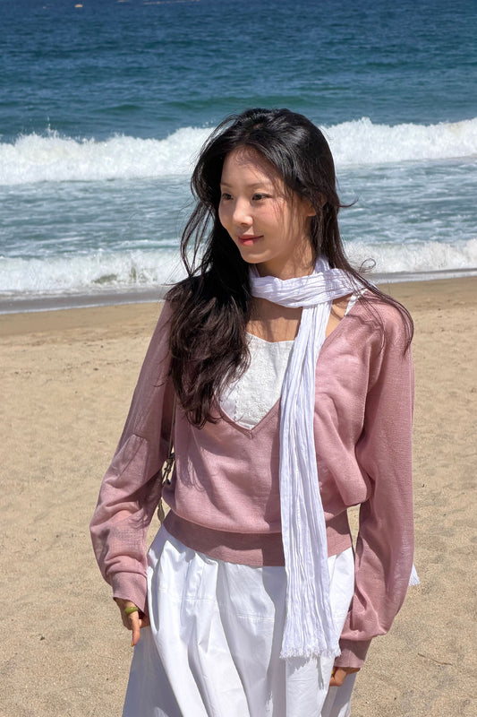 General Idea RUPITA PICK WOMAN DEEP V-NECK SHEER KNIT PULLOVER IN ASH PINK