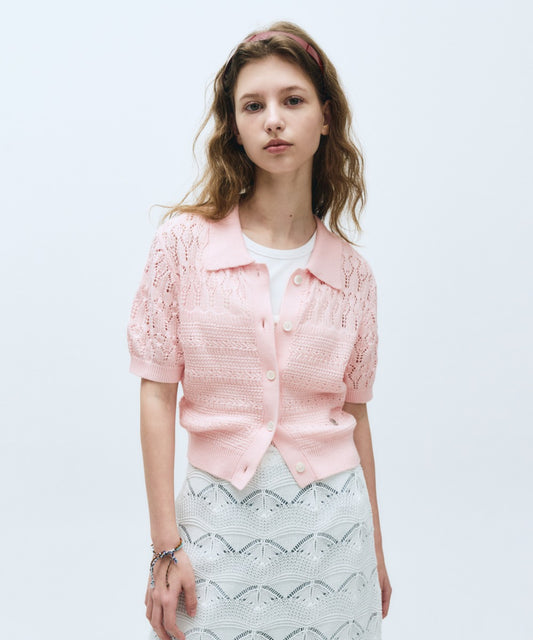 Marithé François Girbaud W Half Sleeve Crochet Crop Cardigan Light Pink
