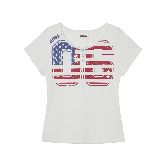 AEAE USA Banner Henley Neck Tee [White]