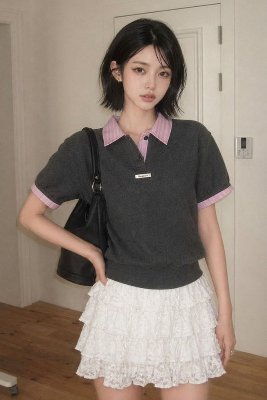 General Idea WOMAN Shirt Collar Cotton Piqué Half Cardigan [CHARCOAL]