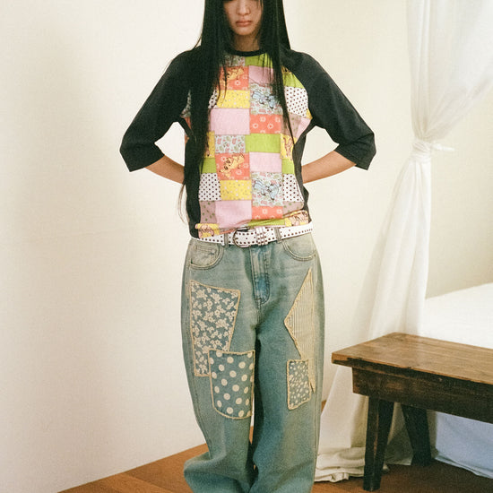 Nice Ghost Club Pattern Patchwork Wide Denim Pants