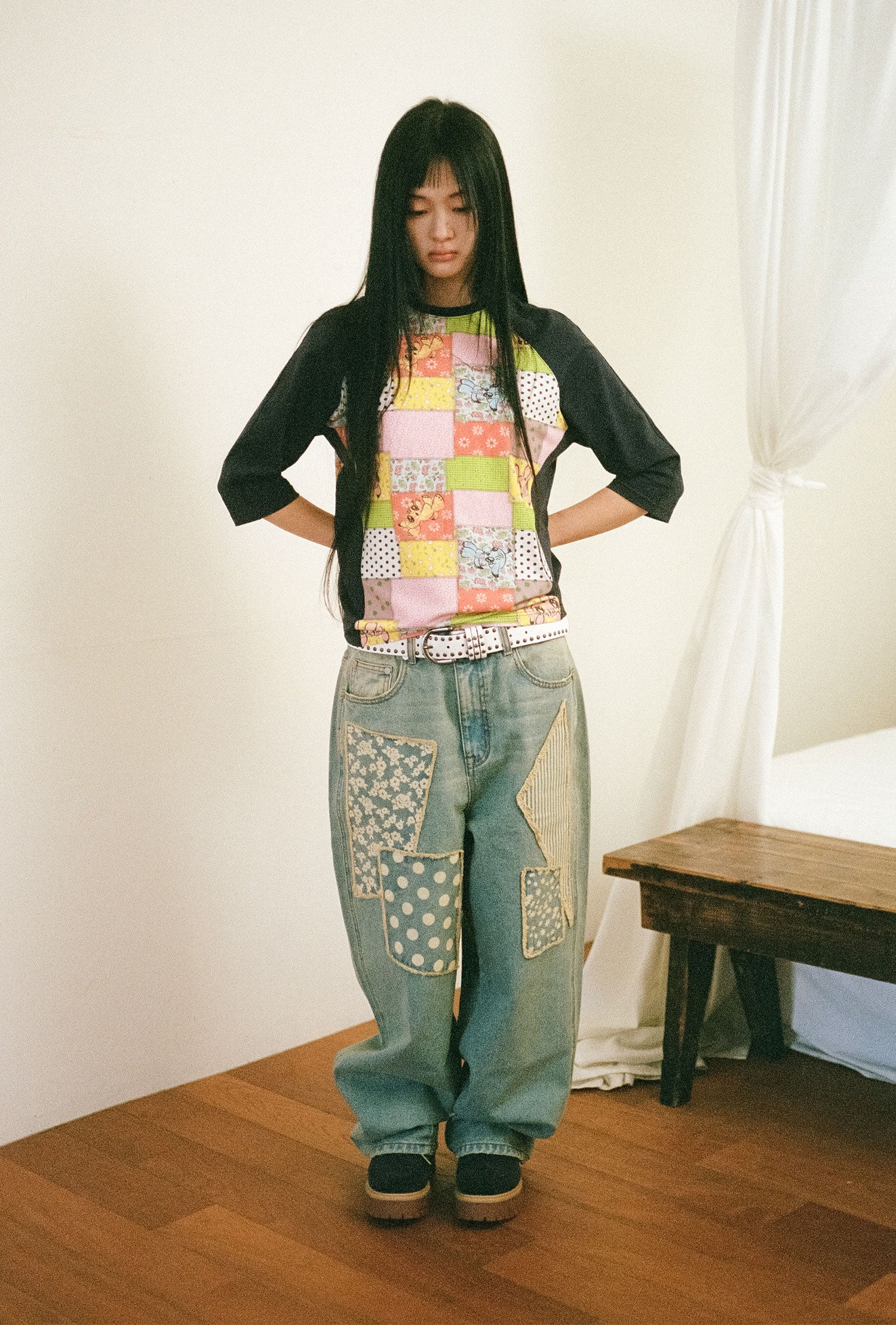 Nice Ghost Club Pattern Patchwork Wide Denim Pants