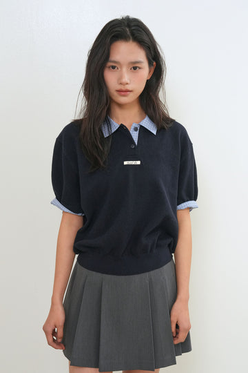 General Idea Woman Shirt Collar Cotton Piqué Half Knit [NAVY]
