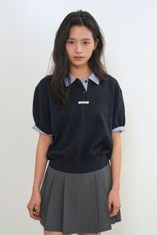 General Idea Woman Shirt Collar Cotton Piqué Half Knit [NAVY]