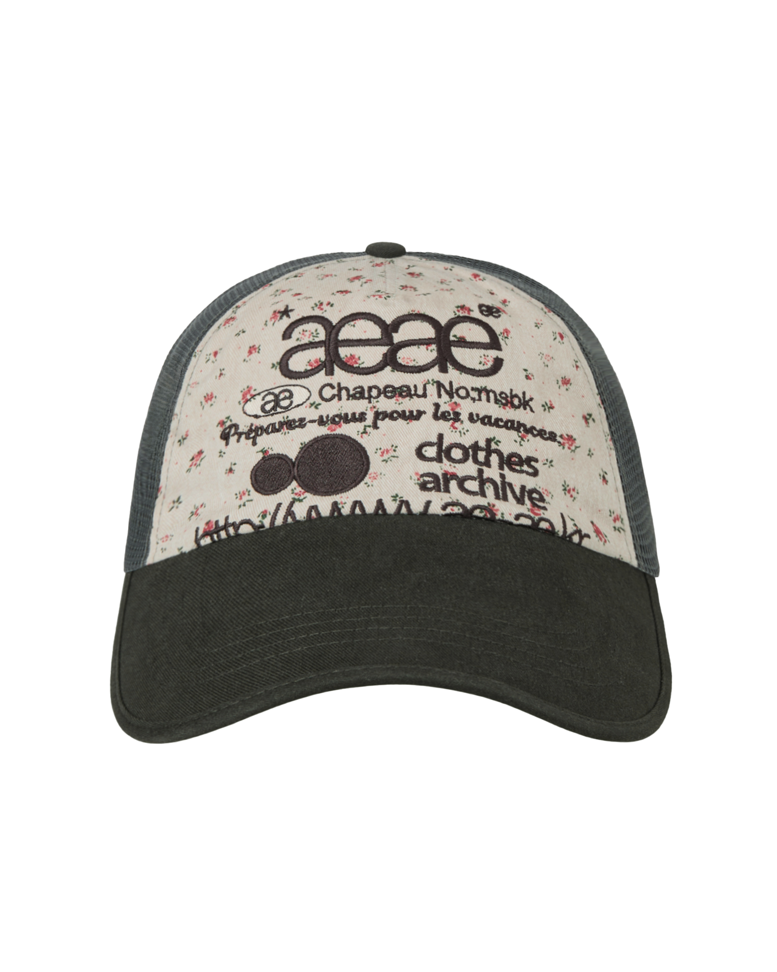 AEAE [Scheduled for Shipment on 6/2] Web Logo Flower Mesh Cap [Beige/Dark Green]