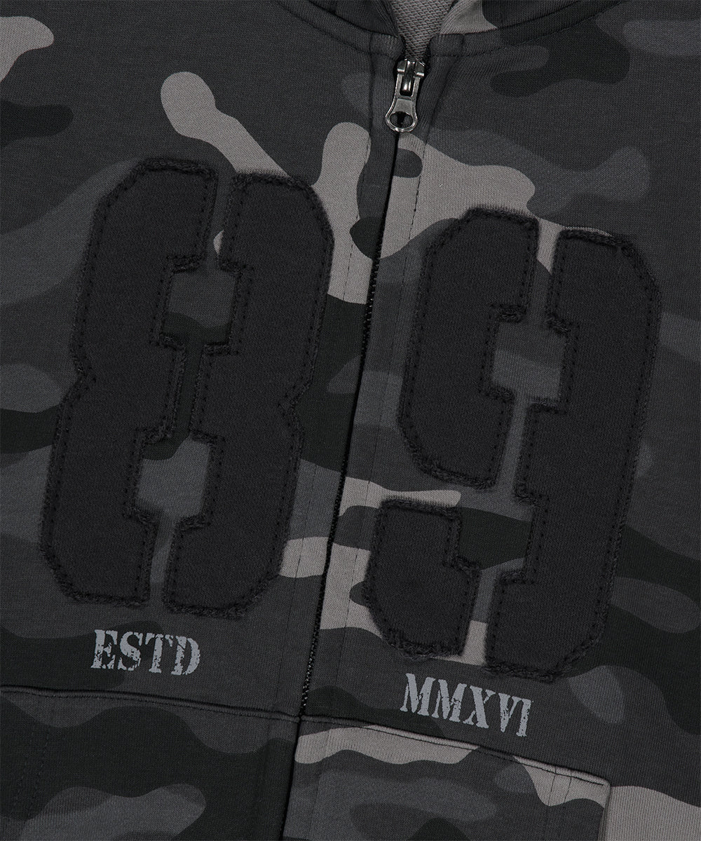 Mahagrid Camo Applique Crop Zip Up Hoodie