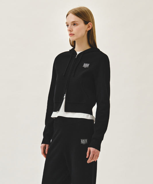 Marithé François Girbaud W SMALL CLASSIC LOGO CROP KNIT HOODIE ZIPUP black