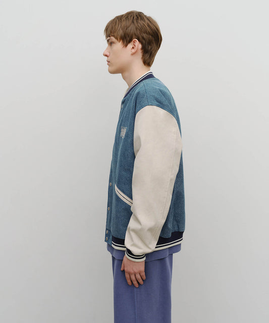 Marithé François Girbaud Classic Logo Embroidery Denim Varsity Jacket Light Blue