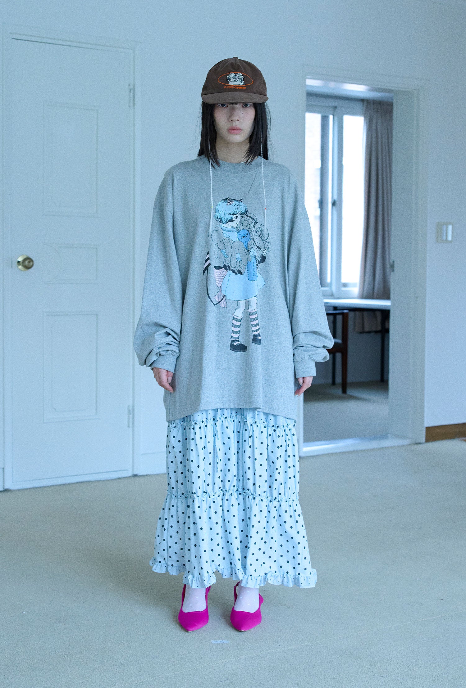 Nice Ghost Club Little Devil Girl Big Big Long Sleeve Tee [Grey]