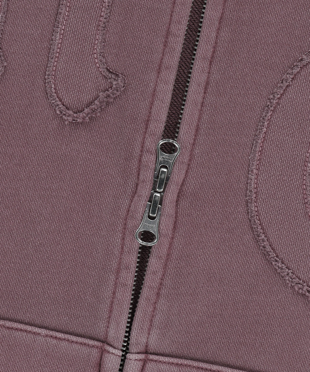 Mahagrid Big Gothic Cut Off Pigment Zip-Up Hoodie in Burgundy