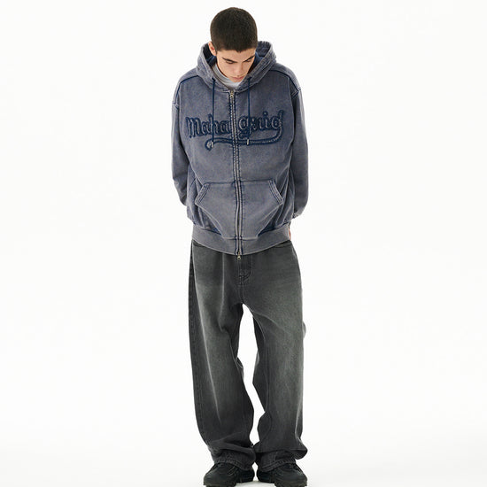 Mahagrid Washed Cut Off Applique Hood Zip Up