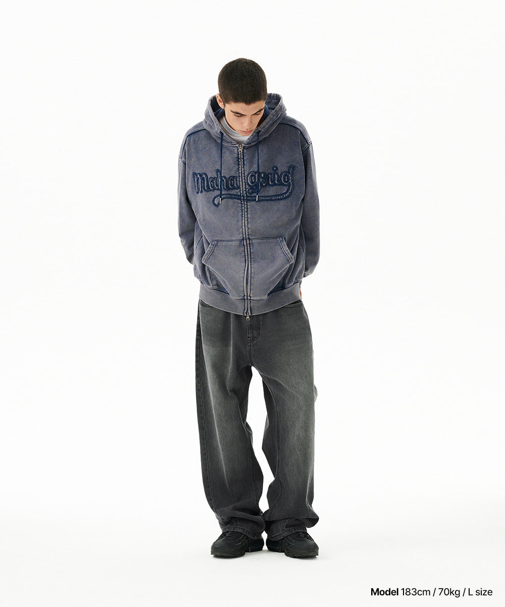 Mahagrid Washed Cut Off Applique Hood Zip Up