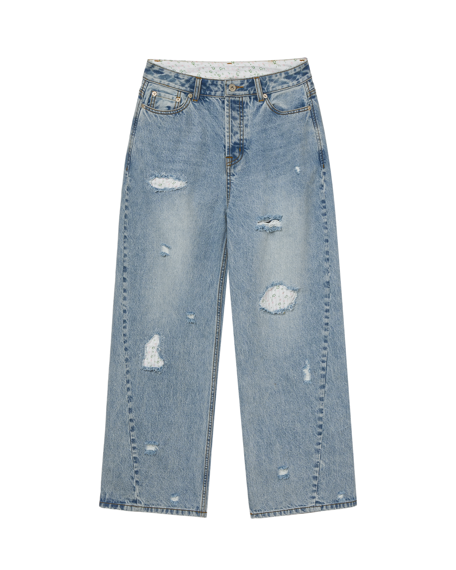 AEAE Flower Patchwork Denim Pants in Light Blue