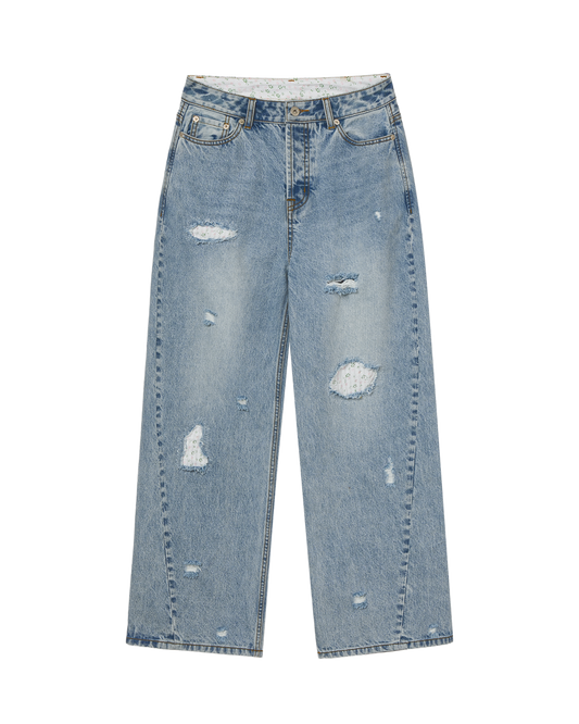 AEAE Flower Patchwork Denim Pants in Light Blue