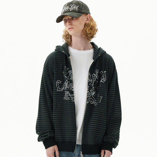 Mahagrid Empty Stripe Zip Up Hoodie Black
