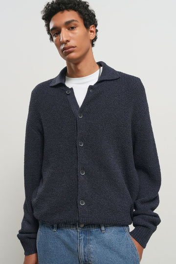 General Idea UNISEX Waffle Boucle Collar Cardigan [NAVY]