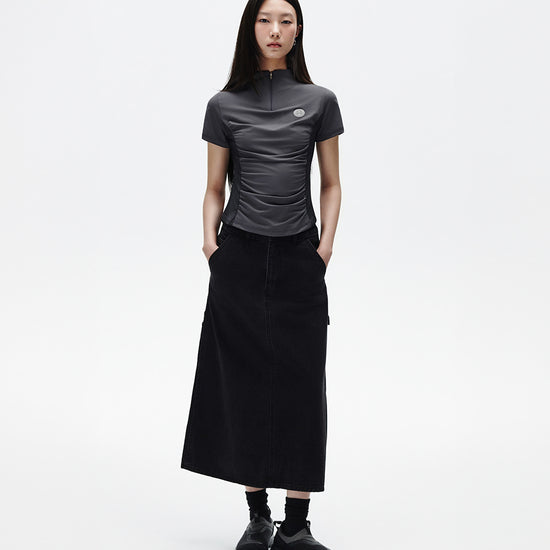 Mahagrid Shirring Half Zip-Up Jersey Tee